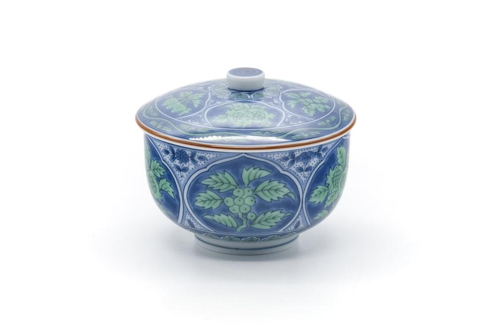 Japanese Teacup - Blue Green Leaves Arita Lidded Yunomi - 215ml