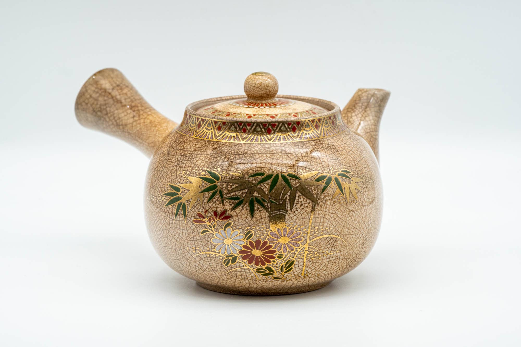 Japanese Kyusu - Weathered Beige Floral Bamboo Decorated Debeso Teapot - 270ml
