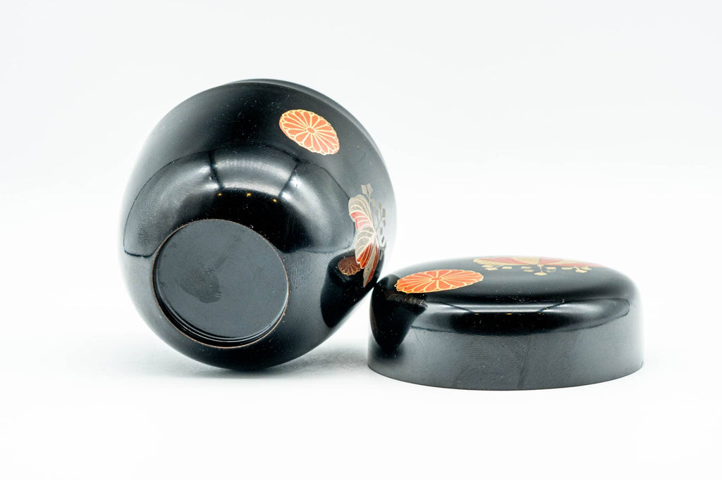 Japanese Natsume - Chrysanthemum Floral Black Lacquer Matcha Tea Caddy - 100ml