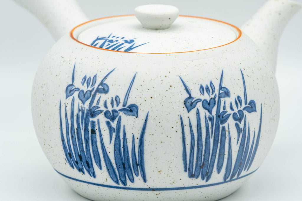 Japanese Tea Set - Blue Floral White Matte Glazed Arita-yaki Debeso Kyusu Teapot with 5 Yunomi Teacups