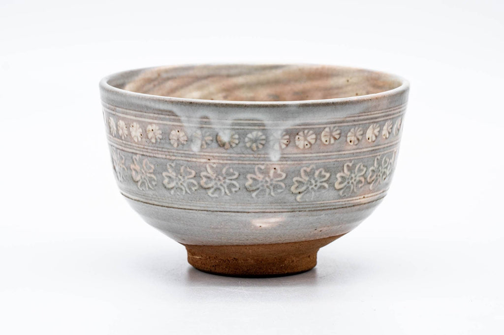 Japanese Matcha Bowl - Floral Grey Pink Mishima Glazed Chawan - 250ml