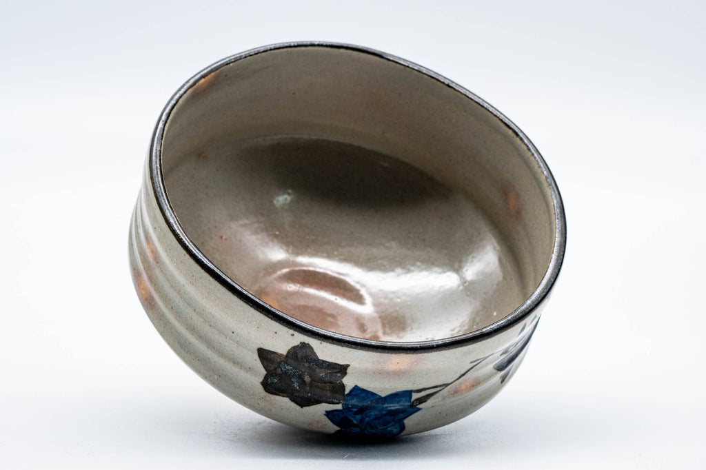 Japanese Matcha Bowl - Blue Floral Gohonte Grey Glazed Kyo-yaki Chawan - 300ml