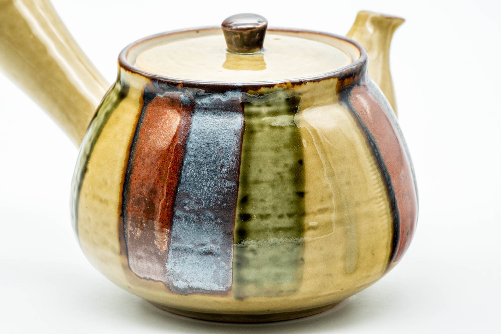 Japanese Kyusu - Beige Colourfully Striped Ceramic Filter Teapot - 400ml