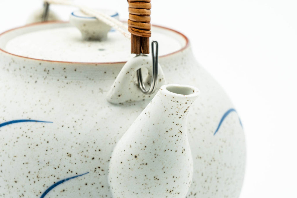 Japanese Dobin - Blue Floral White Textured Arita-yaki Porcelain Teapot - 500ml