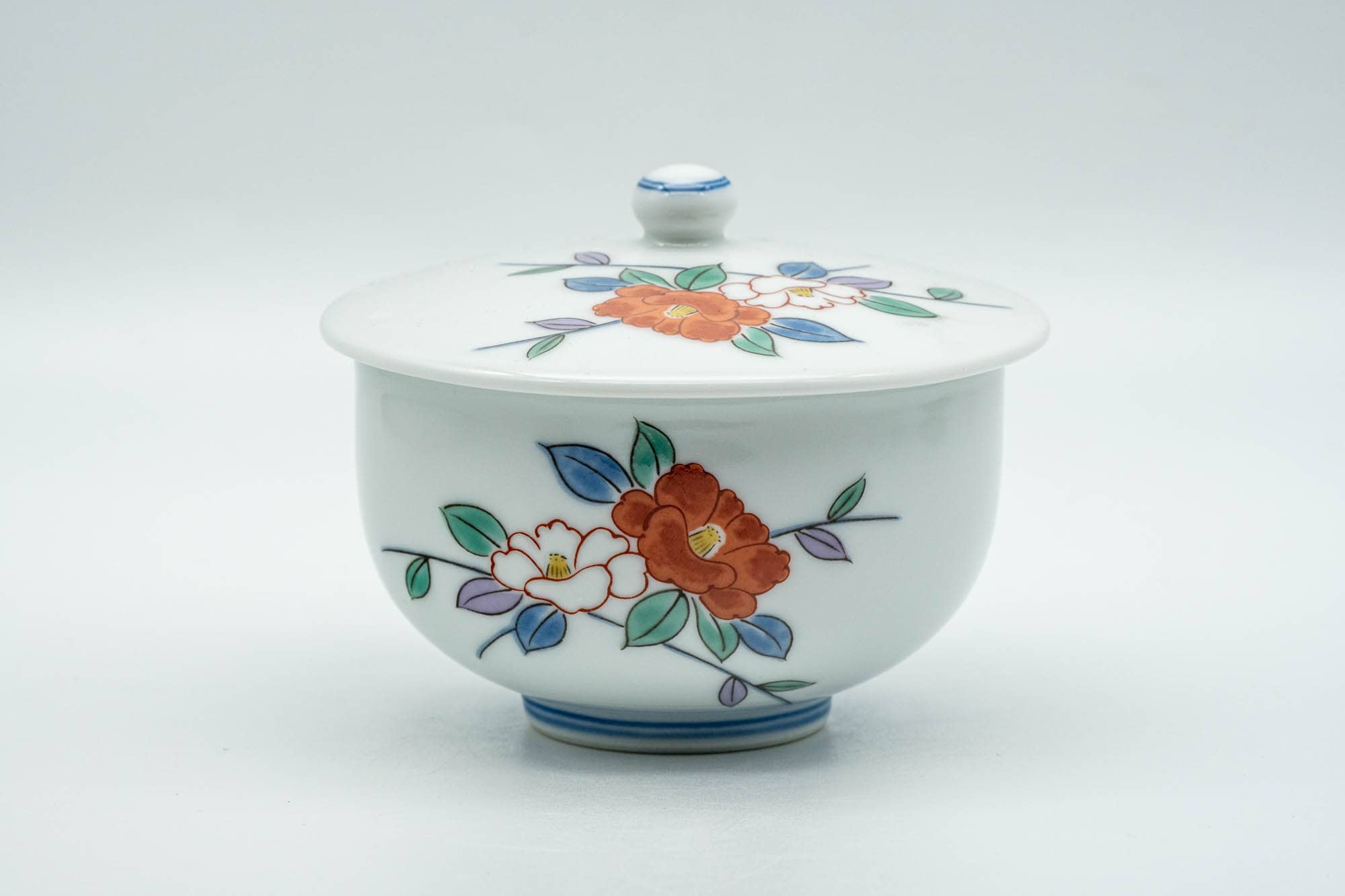 Japanese Teacup - Colourful Floral White Porcelain Arita-yaki Lidded Yunomi - 130ml