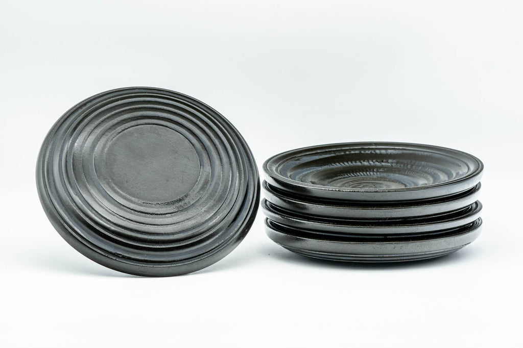 Japanese Chataku - Set of 5 Black Carved Spiraling Wooden Tea Saucers