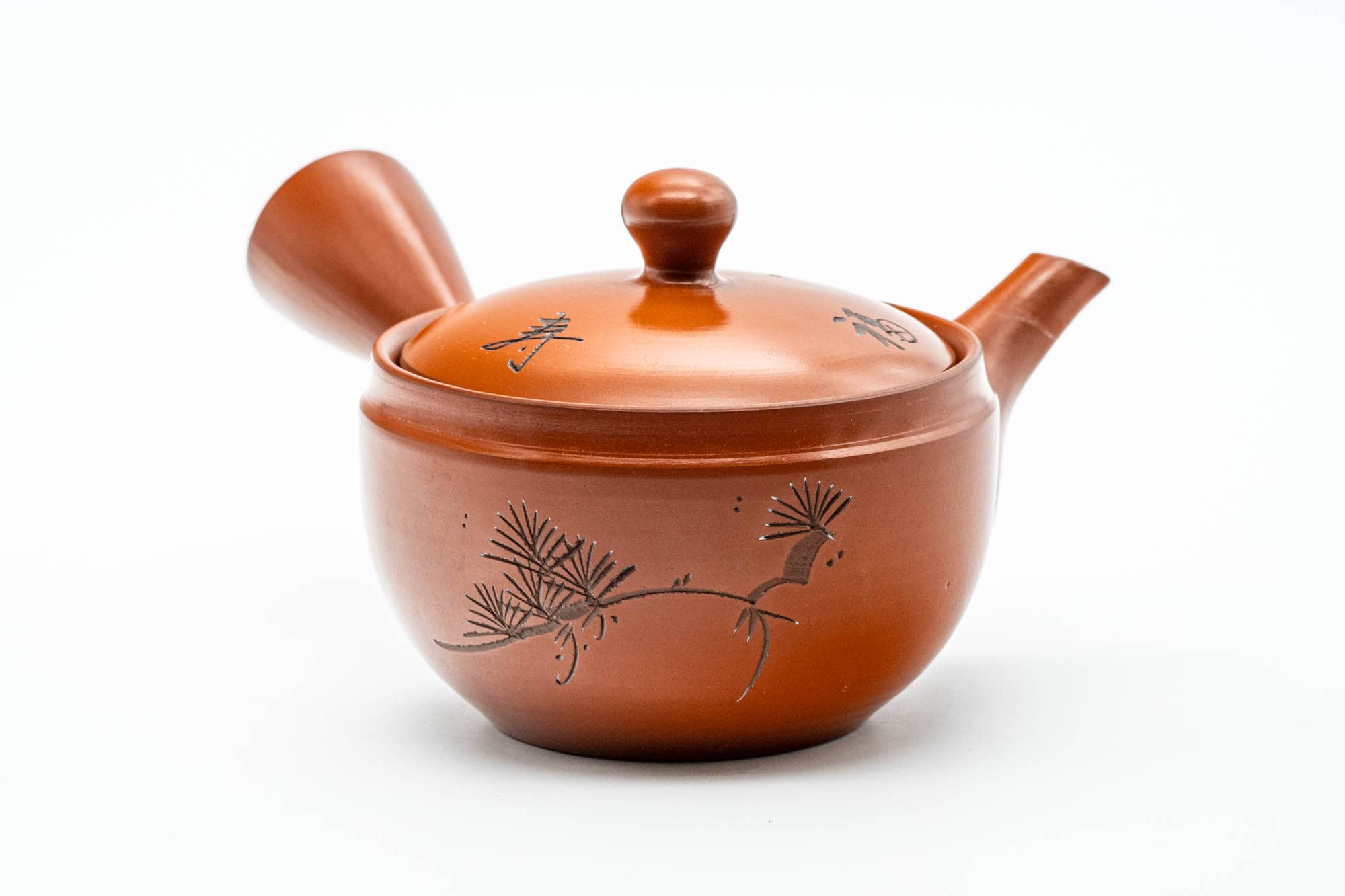 Japanese Kyusu - Kanji Leaves Engraved Red Shudei Tokoname-yaki Mesh Teapot - 275ml