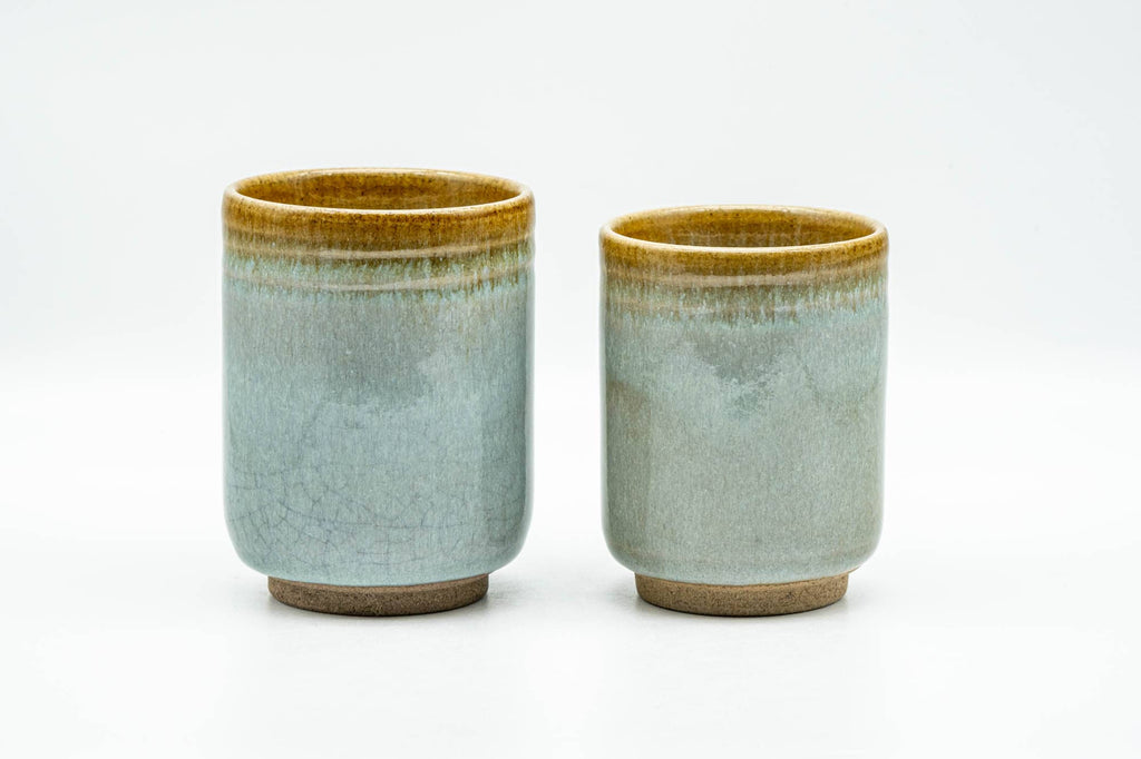 Japanese Teacups - Pair of Green-Yellow Celadon Glazed Meoto Yunomi