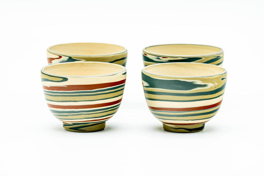 Japanese Tea Set - Marbled Nerikomi Tokoname-yaki Katakuchi Water Cooler and 4 Yunomi Teacups