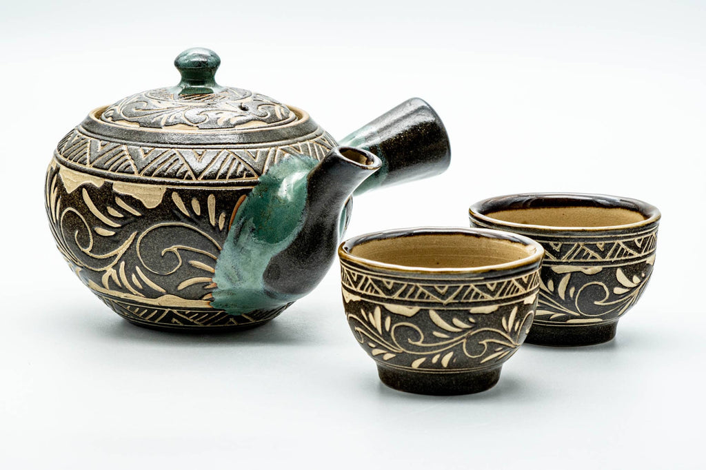 Japanese Tea Set - Floral Geometric Large Kyusu Teapot with 2 Yunomi Teacups