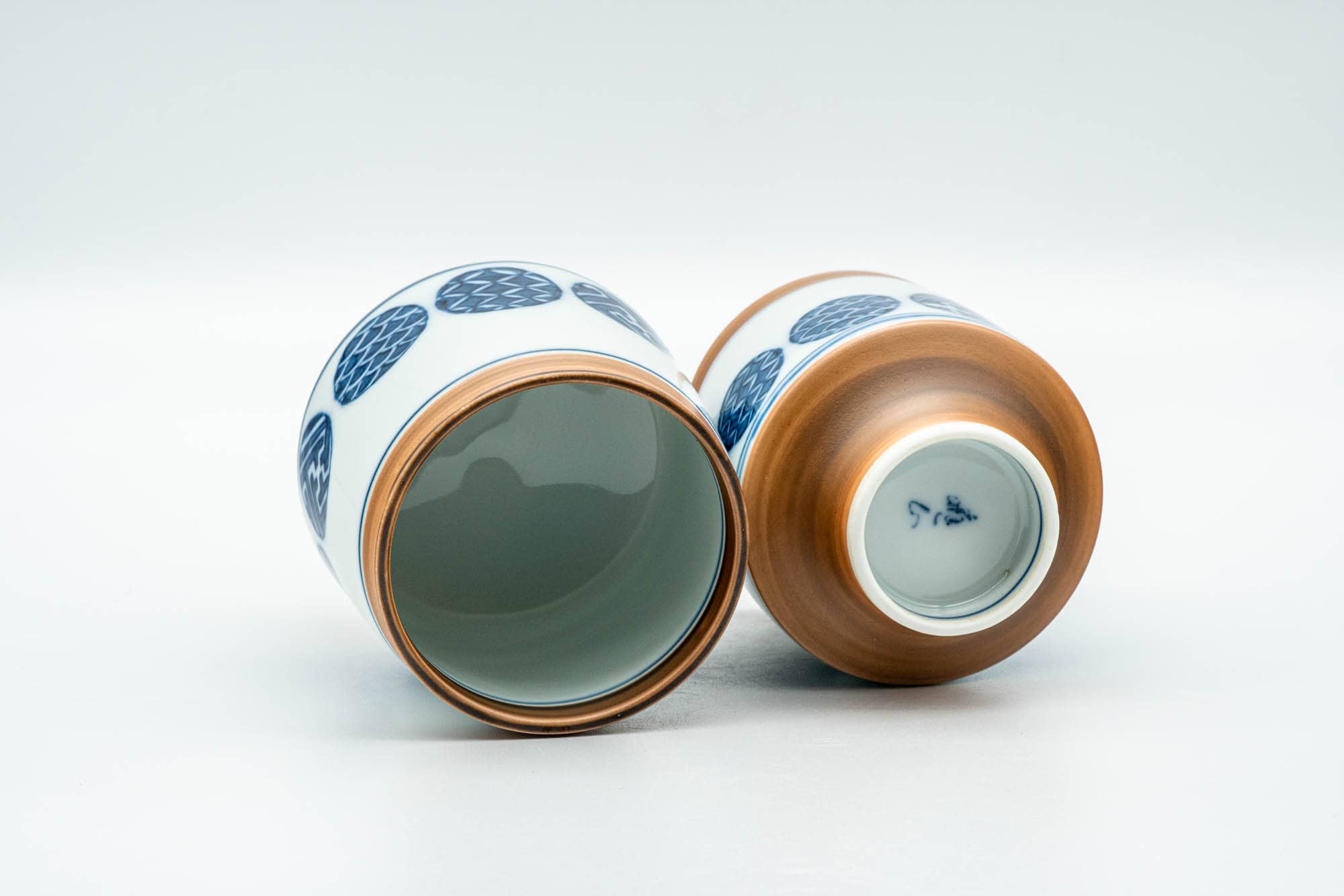 Japanese Teacups - Pair of Blue Orange Geometric Arita-yaki Meoto Yunomi