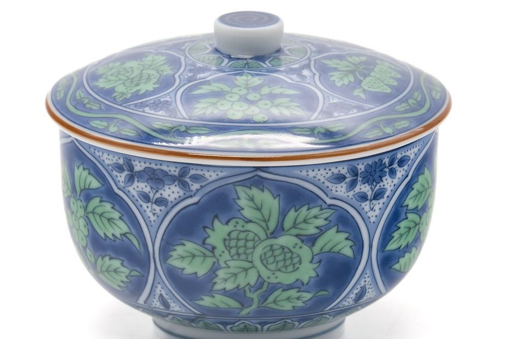 Japanese Teacup - Blue Green Leaves Arita Lidded Yunomi - 215ml
