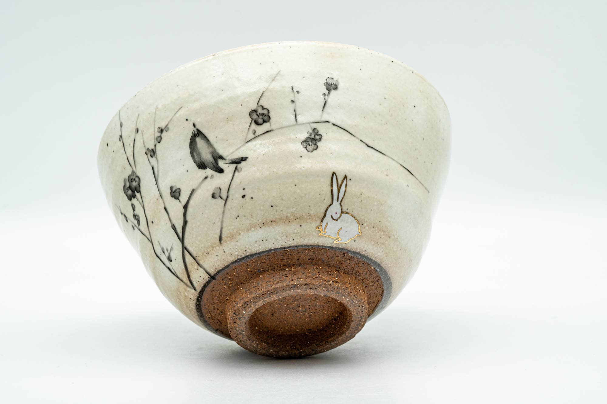 Japanese Matcha Bowl - Bunny Rabbit Plum Blossoms Milky White Glazed Chawan - 300ml