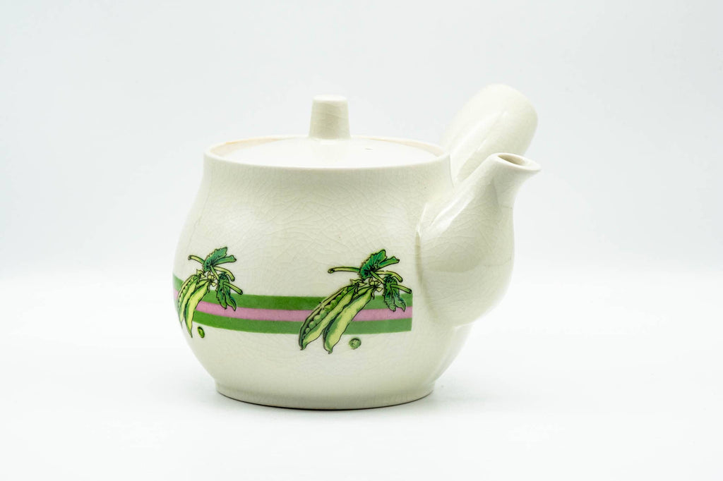 Japanese Kyusu - Beige Green Striped Snow Peas Kutani-yaki Debeso Teapot - 400ml