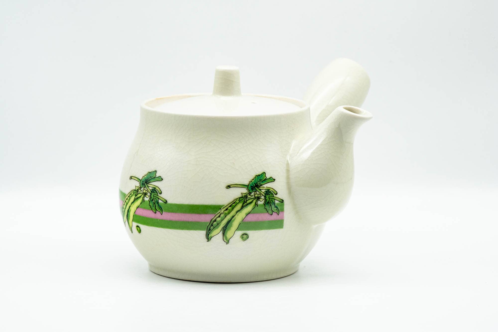 Japanese Kyusu - Beige Green Striped Snow Peas Kutani-yaki Debeso Teapot - 400ml