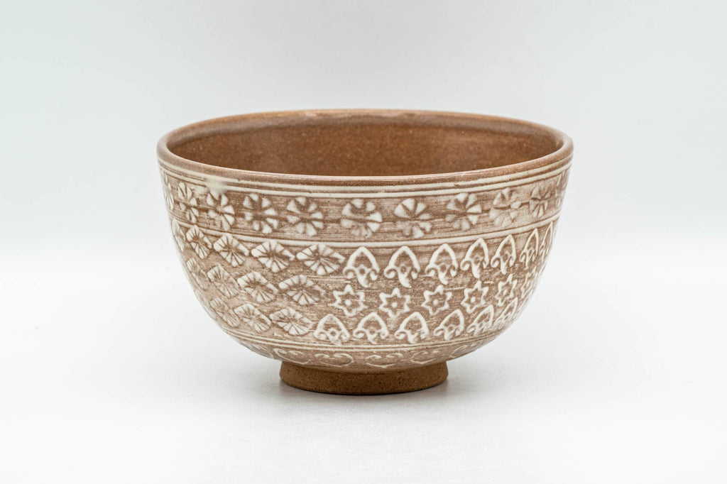 Japanese Matcha Bowl - Floral Geometric White Glazed Chawan - 300ml