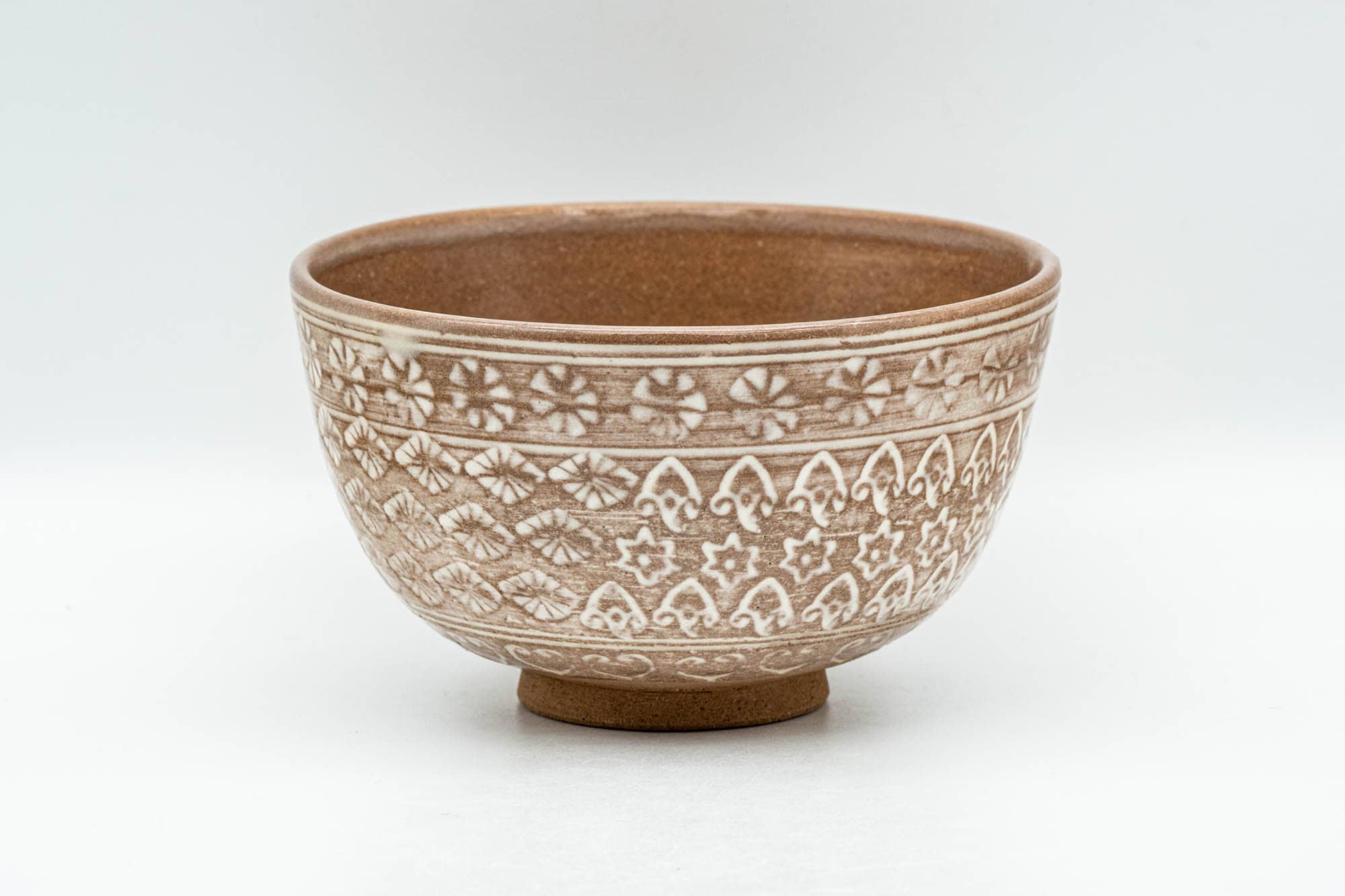 Japanese Matcha Bowl - Floral Geometric White Glazed Chawan - 300ml