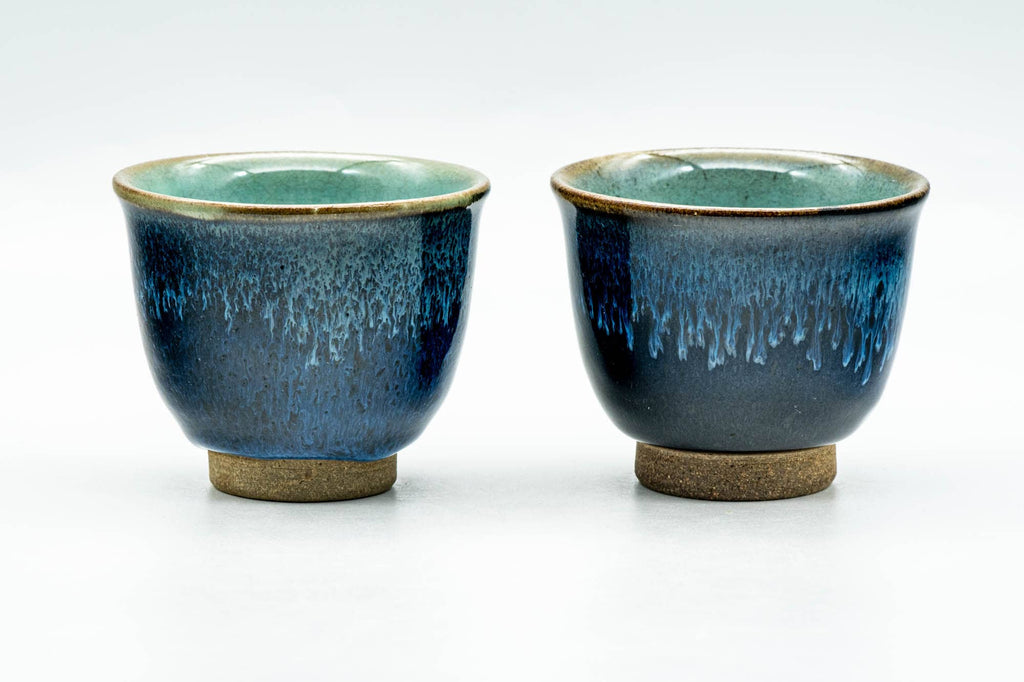 Japanese Teacups - Pair of Blue Turquoise Glazed Agano-yaki Yunomi - 90ml