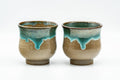 Japanese Teacups - Pair of Olive Green Turquoise Drip-Glazed Agano-yaki Yunomi - 110ml