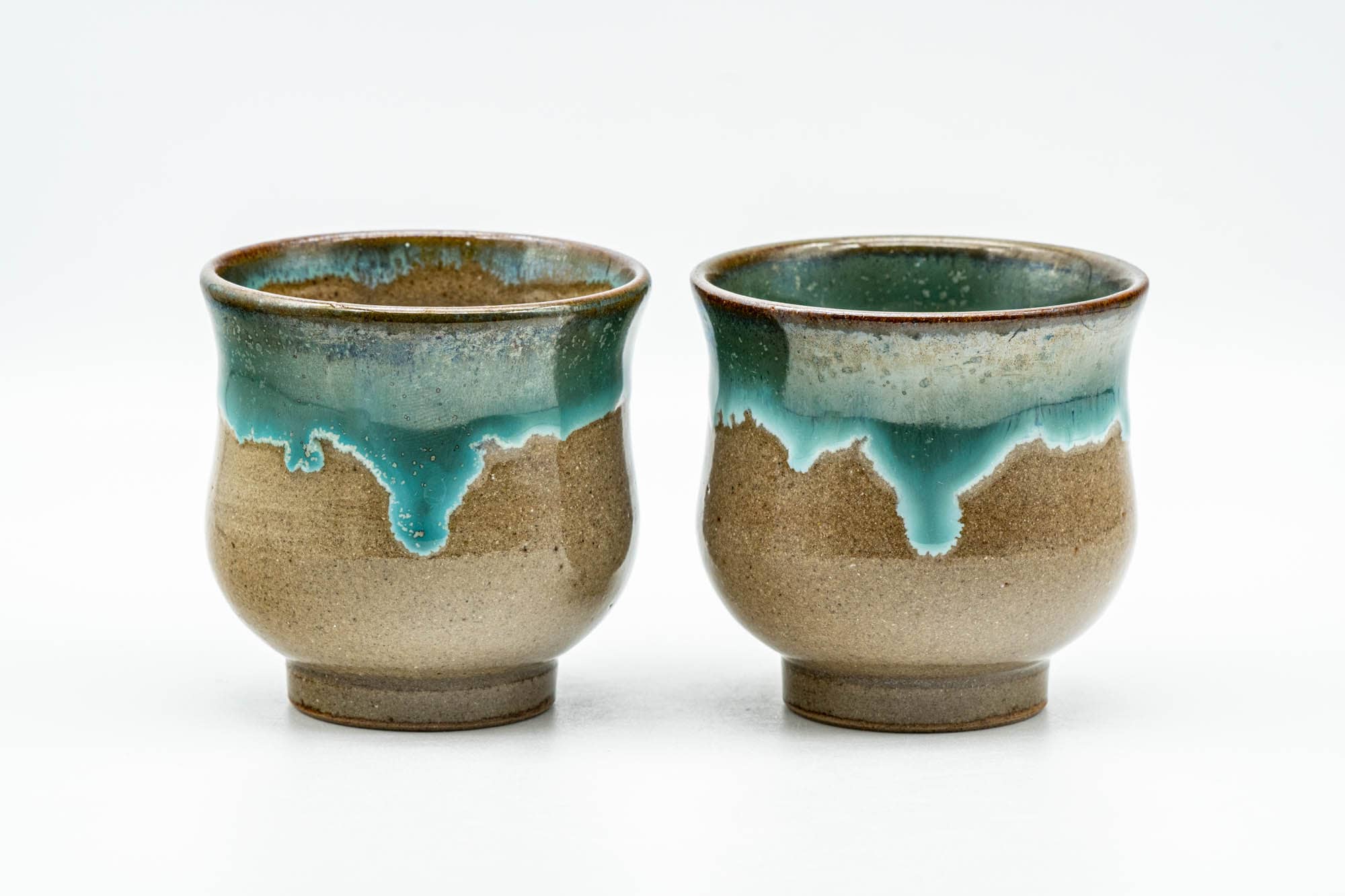 Japanese Teacups - Pair of Olive Green Turquoise Drip-Glazed Agano-yaki Yunomi - 110ml