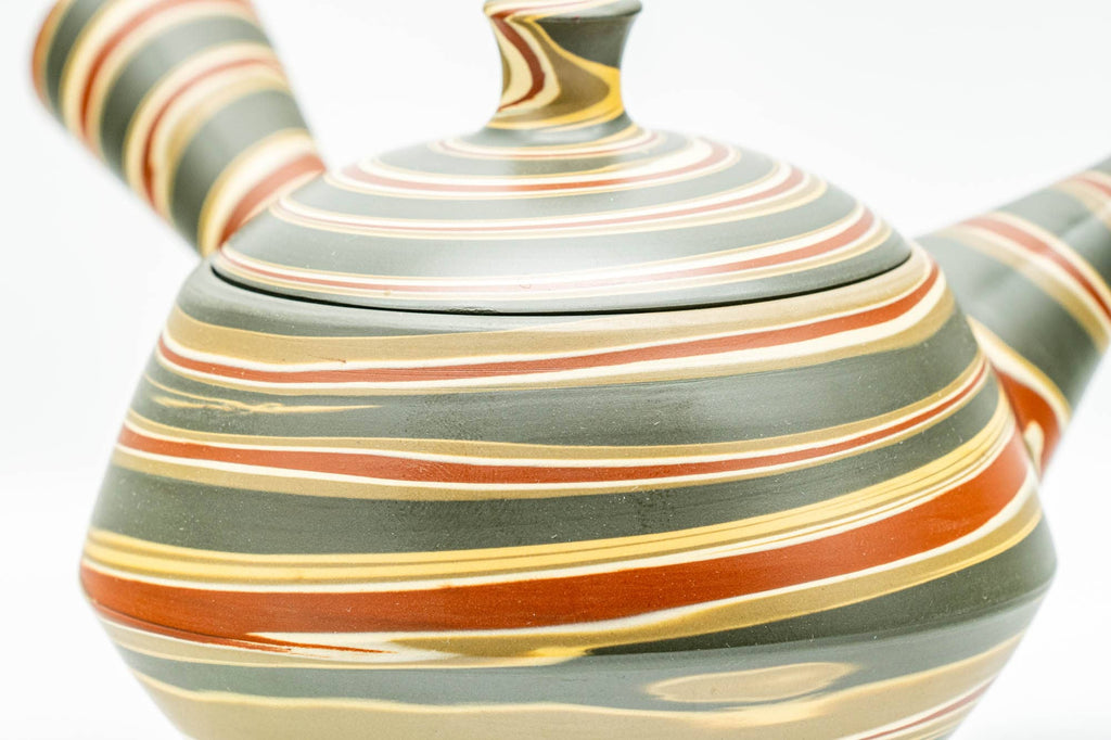Japanese Kyusu - Green, Red, and Yellow Swirling Nerikomi Tokoname-yaki Do-ake Teapot - 240ml