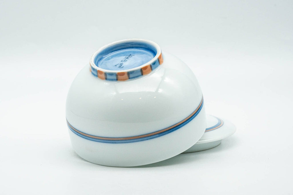 Japanese Teacup - Blue Orange Geometric Patterned Arita-yaki Lidded Yunomi - 140ml