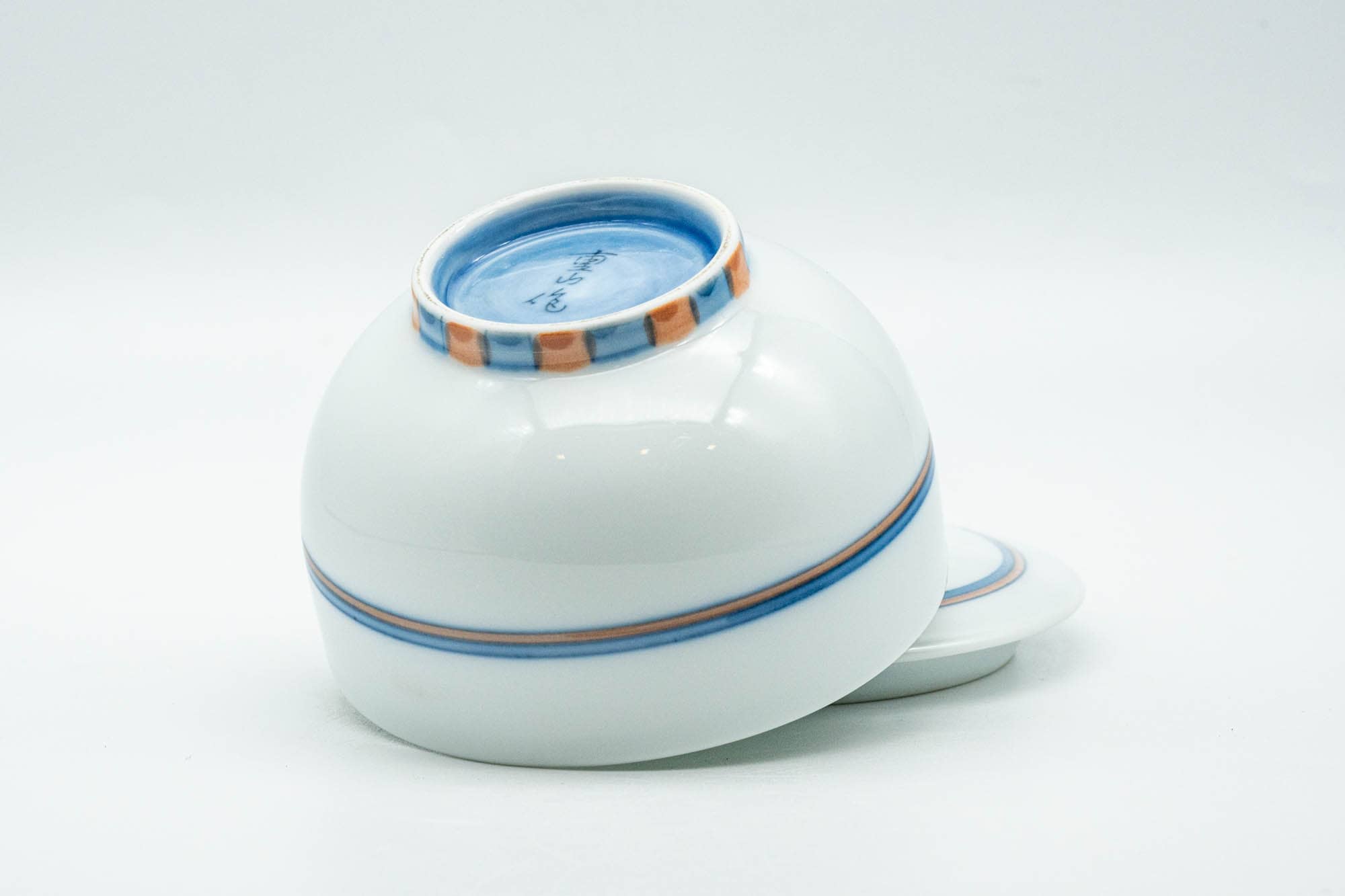 Japanese Teacup - Blue Orange Geometric Patterned Arita-yaki Lidded Yunomi - 140ml