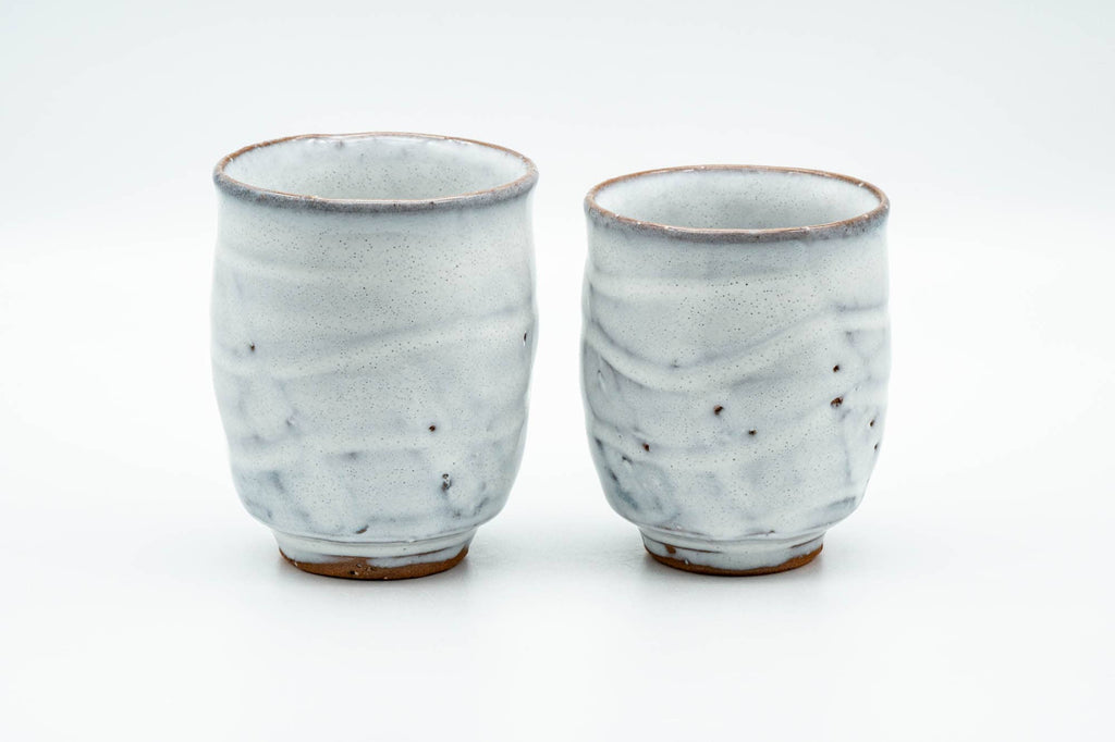 Japanese Teacups - Pair of Milky White Glazed Wavy Meoto Yunomi