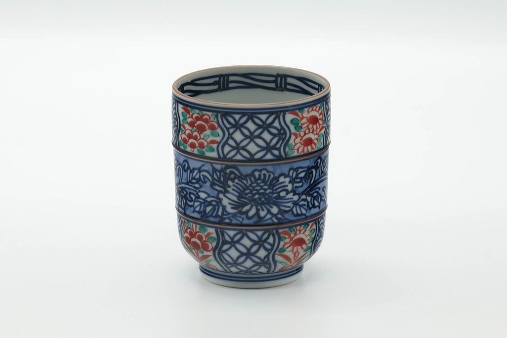 Japanese Teacup - Blue Floral Geometric Arita-yaki Yunomi - 245ml