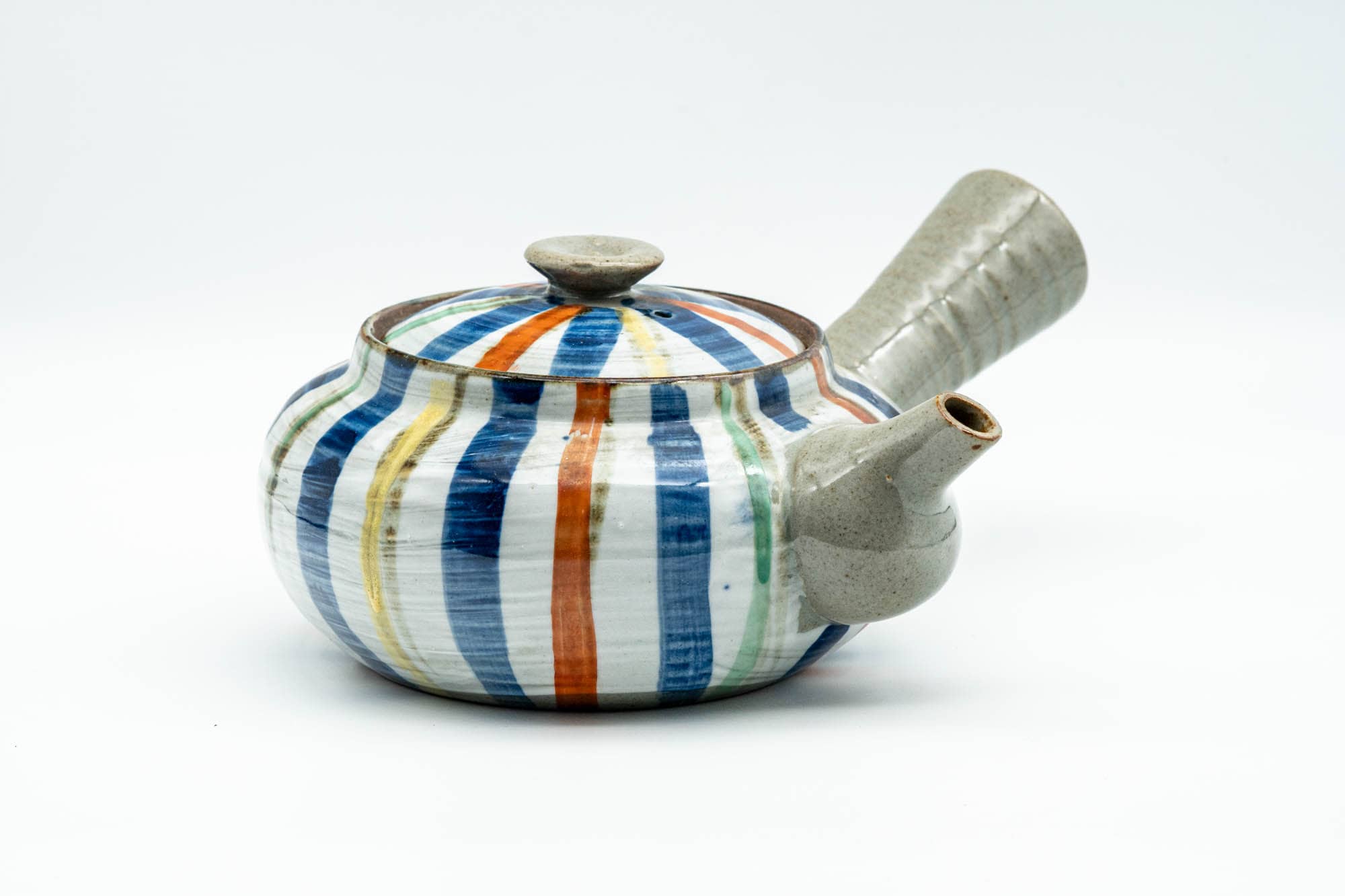 Japanese Kyusu - Colourfully Striped Grey Ceramic Debeso Filtered Teapot - 350ml