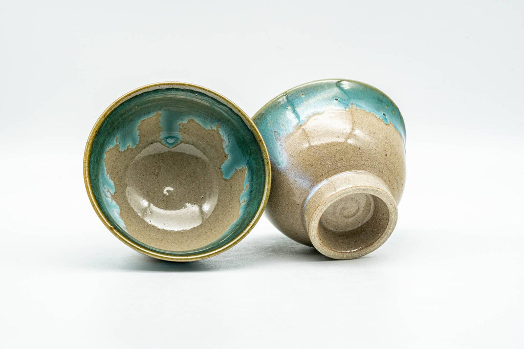 Japanese Teacups - Pair of Turquoise Drip-Glazed Agano-yaki Yunomi - 75ml