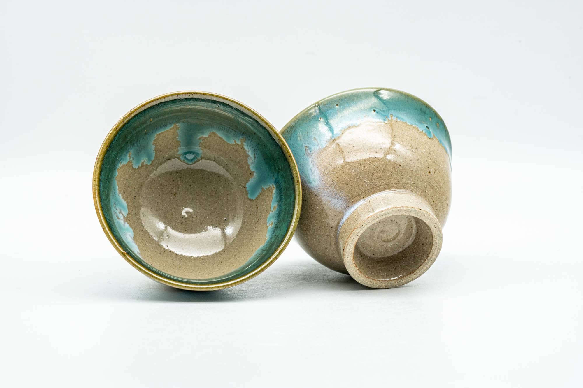 Japanese Teacups - Pair of Turquoise Drip-Glazed Agano-yaki Yunomi - 75ml