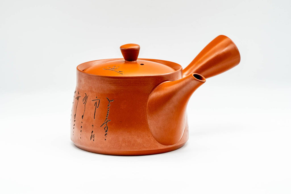 Japanese Kyusu - Calligraphy Engraved Red Shudei Tokoname-yaki Mesh Teapot - 400ml