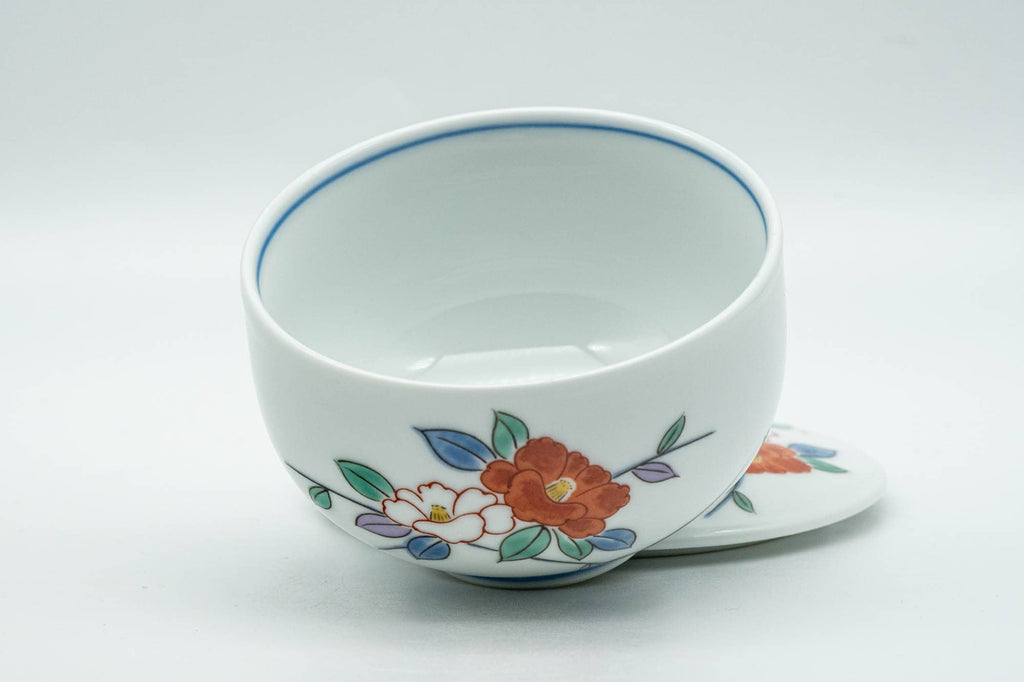 Japanese Teacup - Colourful Floral White Porcelain Arita-yaki Lidded Yunomi - 130ml