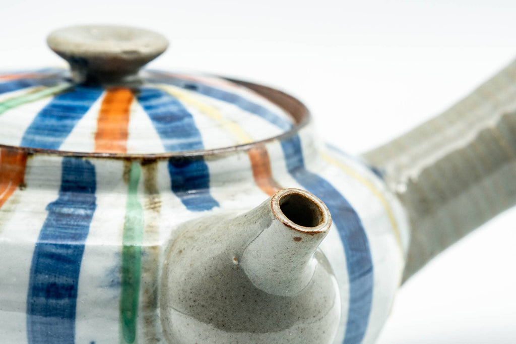 Japanese Kyusu - Colourfully Striped Grey Ceramic Debeso Filtered Teapot - 350ml