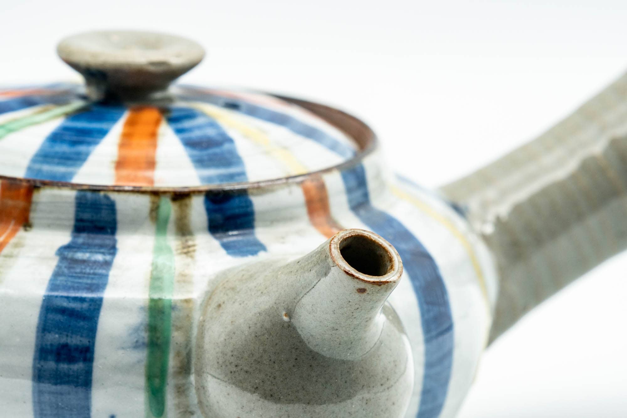 Japanese Kyusu - Colourfully Striped Grey Ceramic Debeso Filtered Teapot - 350ml