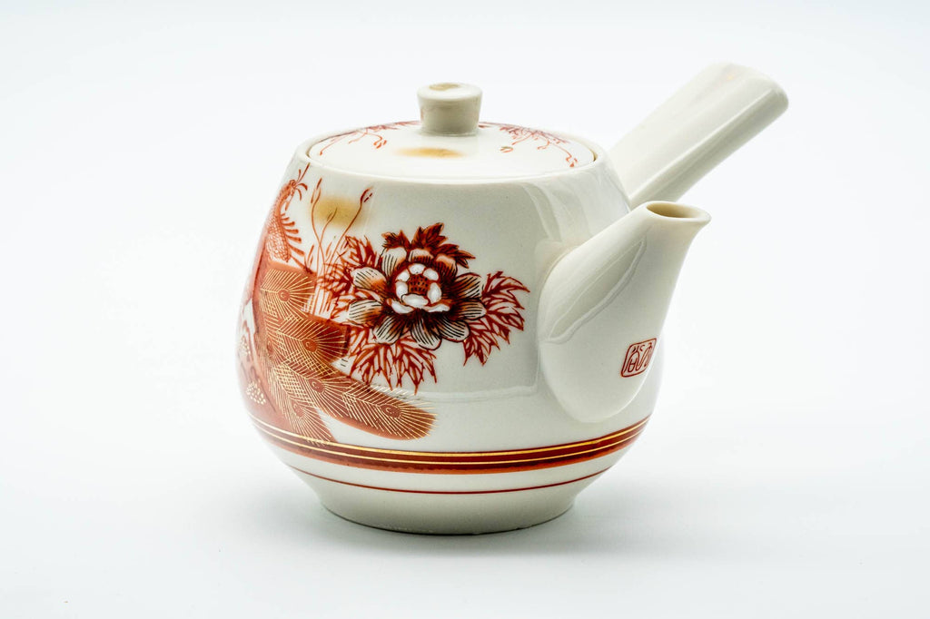 Japanese Kyusu - Red Floral Peacock Kutani-yaki Porcelain Teapot - 500ml
