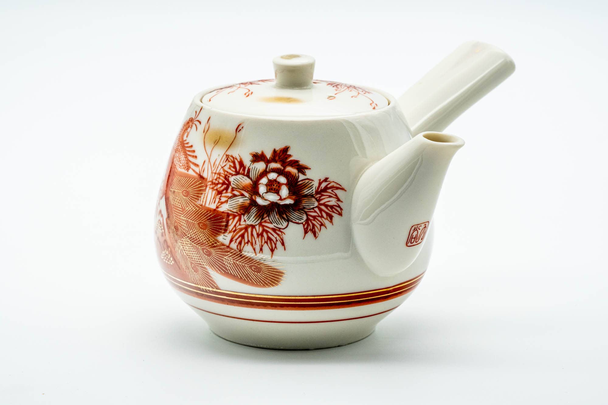 Japanese Kyusu - Red Floral Peacock Kutani-yaki Porcelain Teapot - 500ml