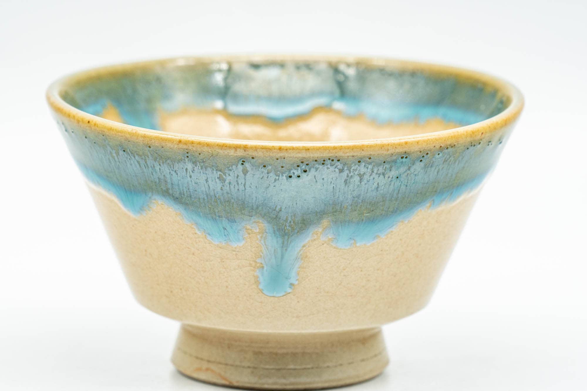 Japanese Teacups - Pair of Beige Turquoise Drip-Glazed Agano-yaki Yunomi - 70ml