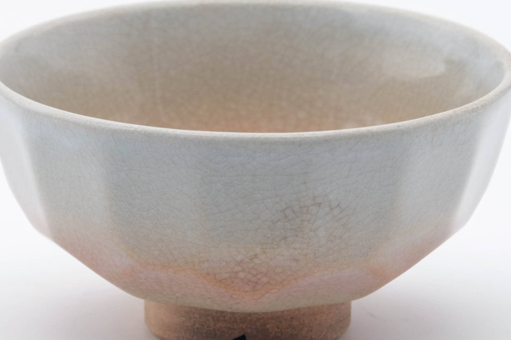 Japanese Matcha Bowl - Faceted Geometric Beige Pink Glazed Kyo-yaki Chawan - 250ml