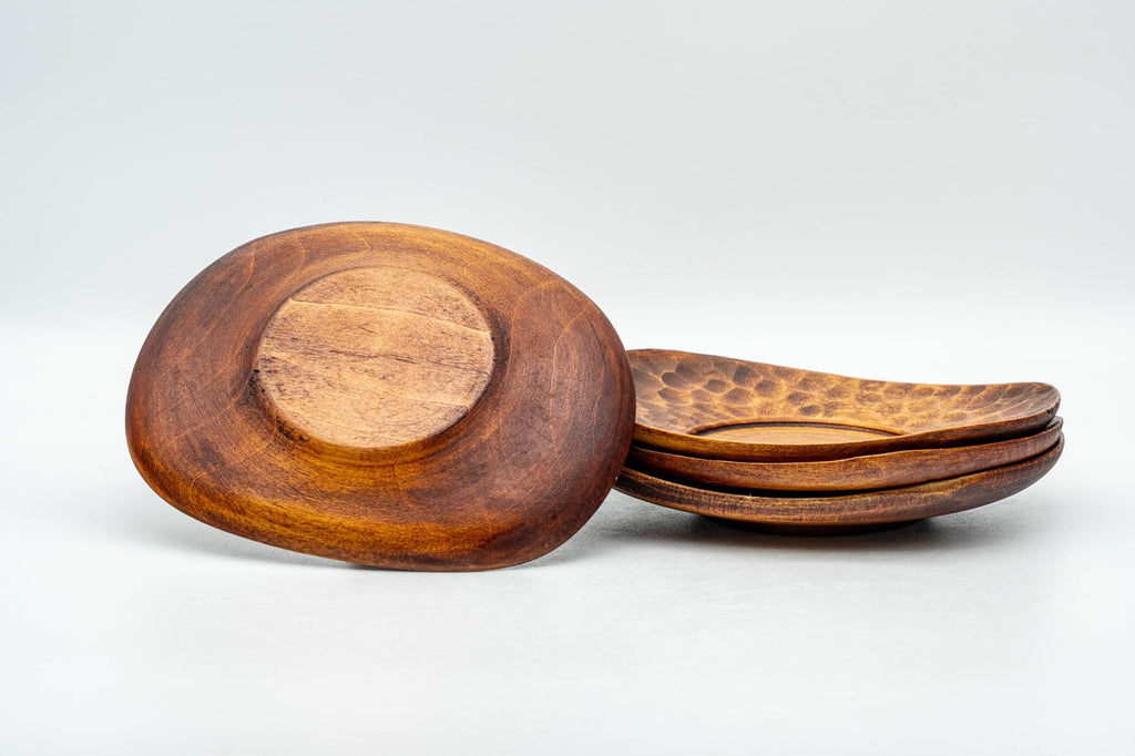 Japanese Chataku - Set of 4 Carved Oval-Shaped Wooden Tea Saucers