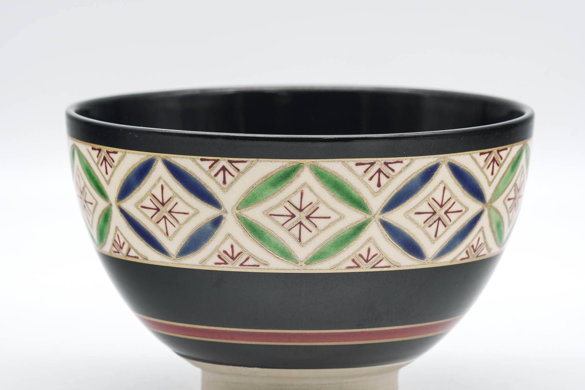 Japanese Matcha Bowl - Geometric Black Glazed Kyo-yaki Chawan - 200ml