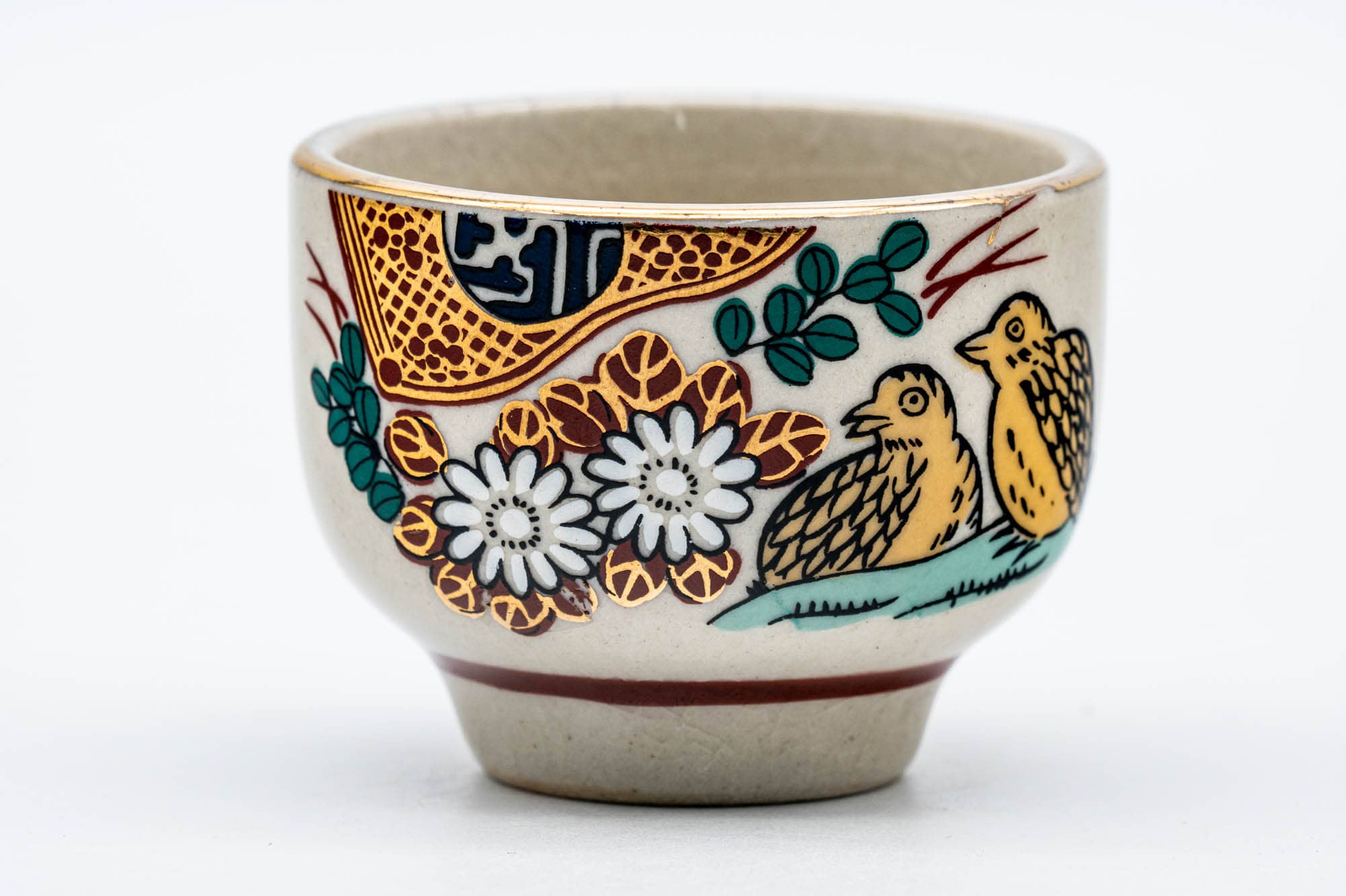 Japanese Teacups - Pair of Small Floral Kutani-yaki Guinomi - 40ml