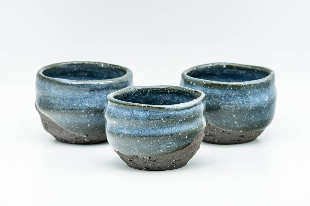 Japanese Teacups - Set of 3 Blue Celadon Snowflake Glazed Stoneware Guinomi - 60ml