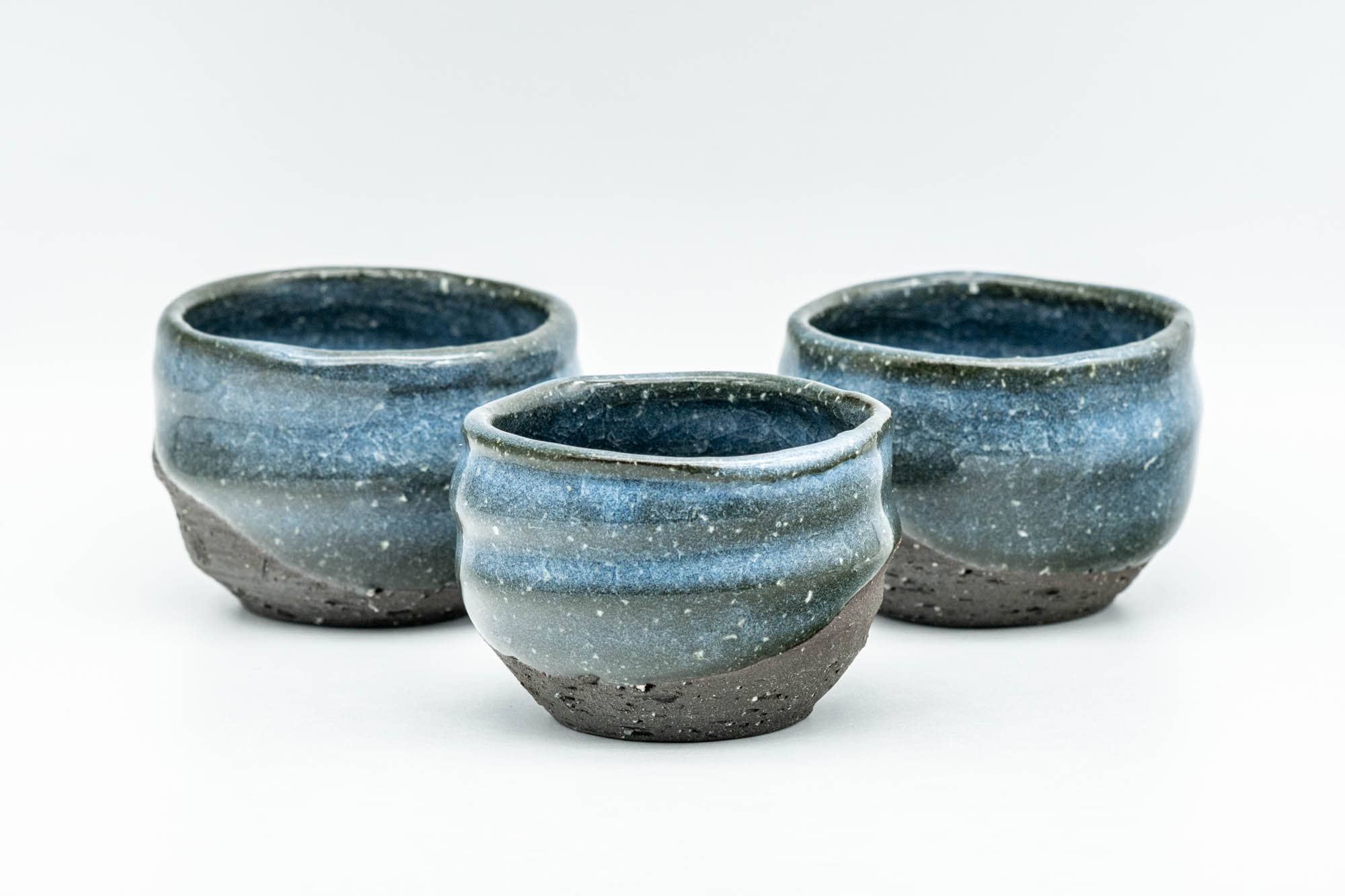 Japanese Teacups - Set of 3 Blue Celadon Snowflake Glazed Stoneware Guinomi - 60ml