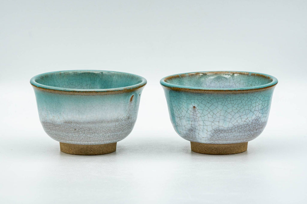 Japanese Teacups - Pair of White Green Drip-Glazed Agano-yaki Yunomi - 100ml