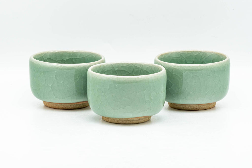 Japanese Teacups - Set of 3 Green Celadon Glazed Guinomi - 50ml