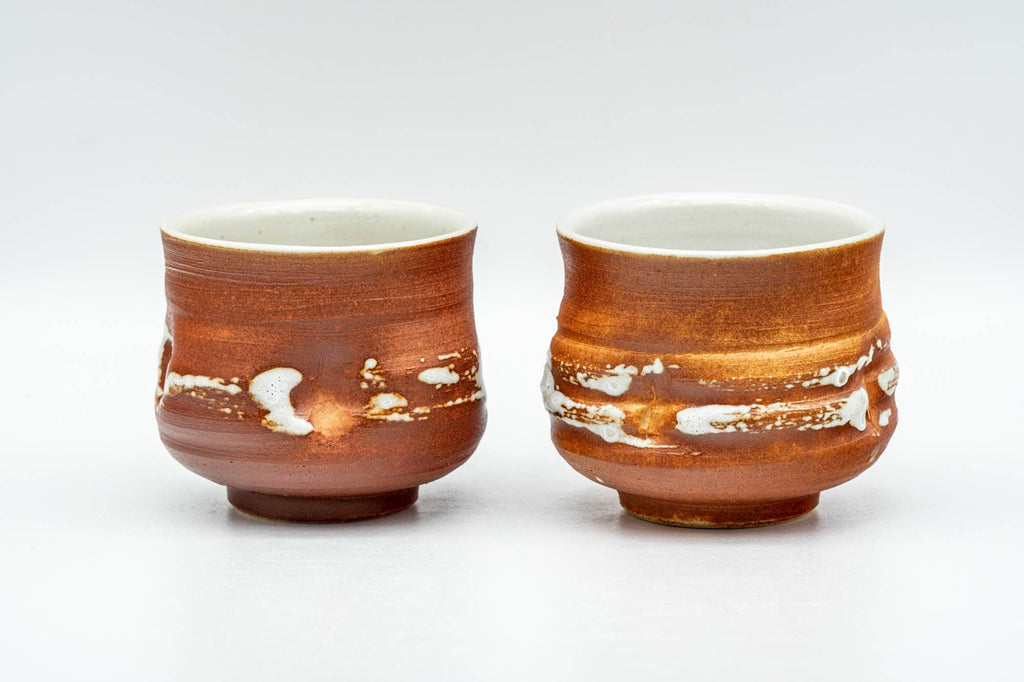 Japanese Teacups - Pair of Orange White Textured Glazed Yunomi - 100ml