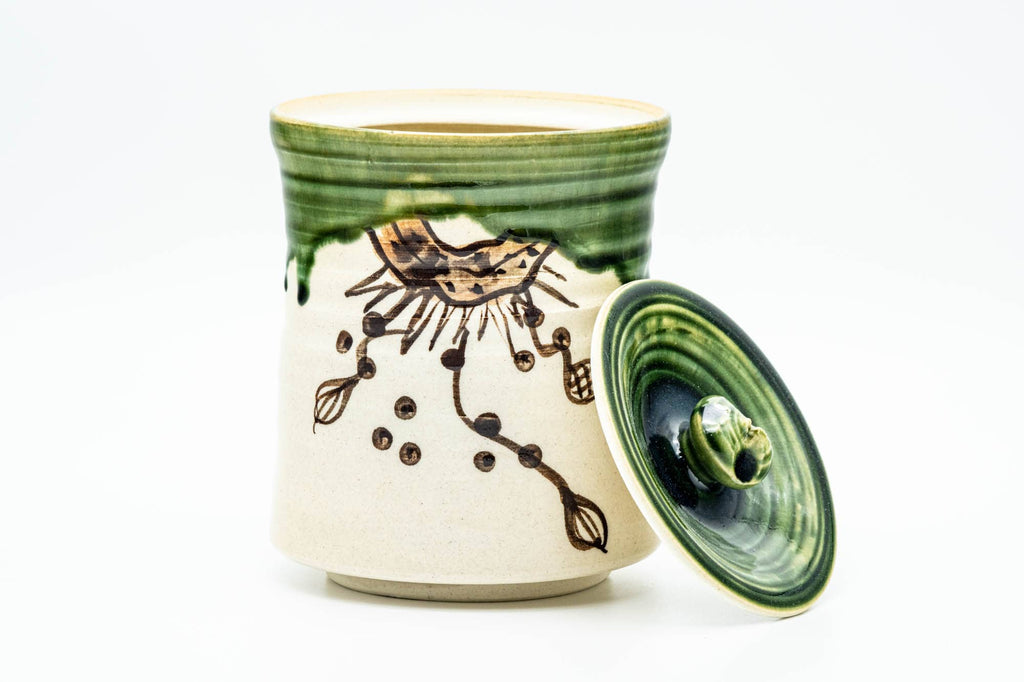 Japanese Mizusashi - Beige Green Drip-Glazed Oribe-yaki Fresh Water Container - 1000ml