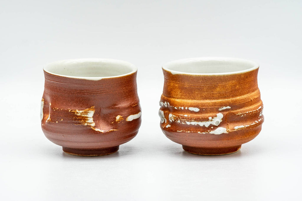 Japanese Teacups - Pair of Orange White Textured Glazed Yunomi - 100ml
